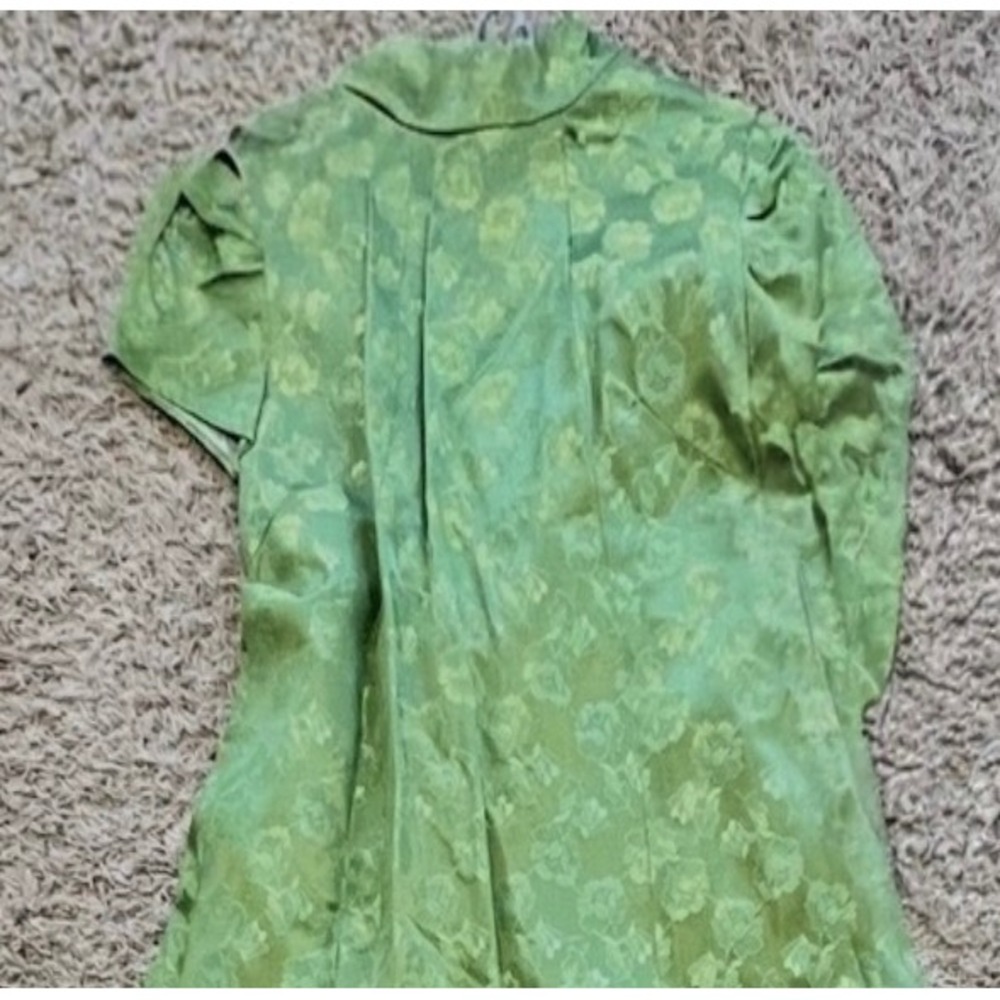 Vintage 60s Lime Green Floral Brocade Maxi Dress Mandarin Collar Veil Set